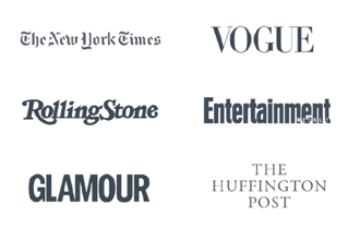 A selection of press logos including The New York Times, Vogue, Rolling Stone, Entertainment Weekly, Glamour, and The Huffington Post.